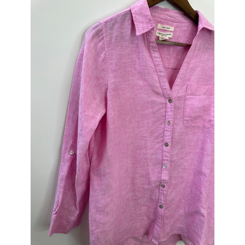 Christian Siriano 100% Linen Button Front Shirt Roll Tab Small Pink Resortwear - Picture 3 of 11